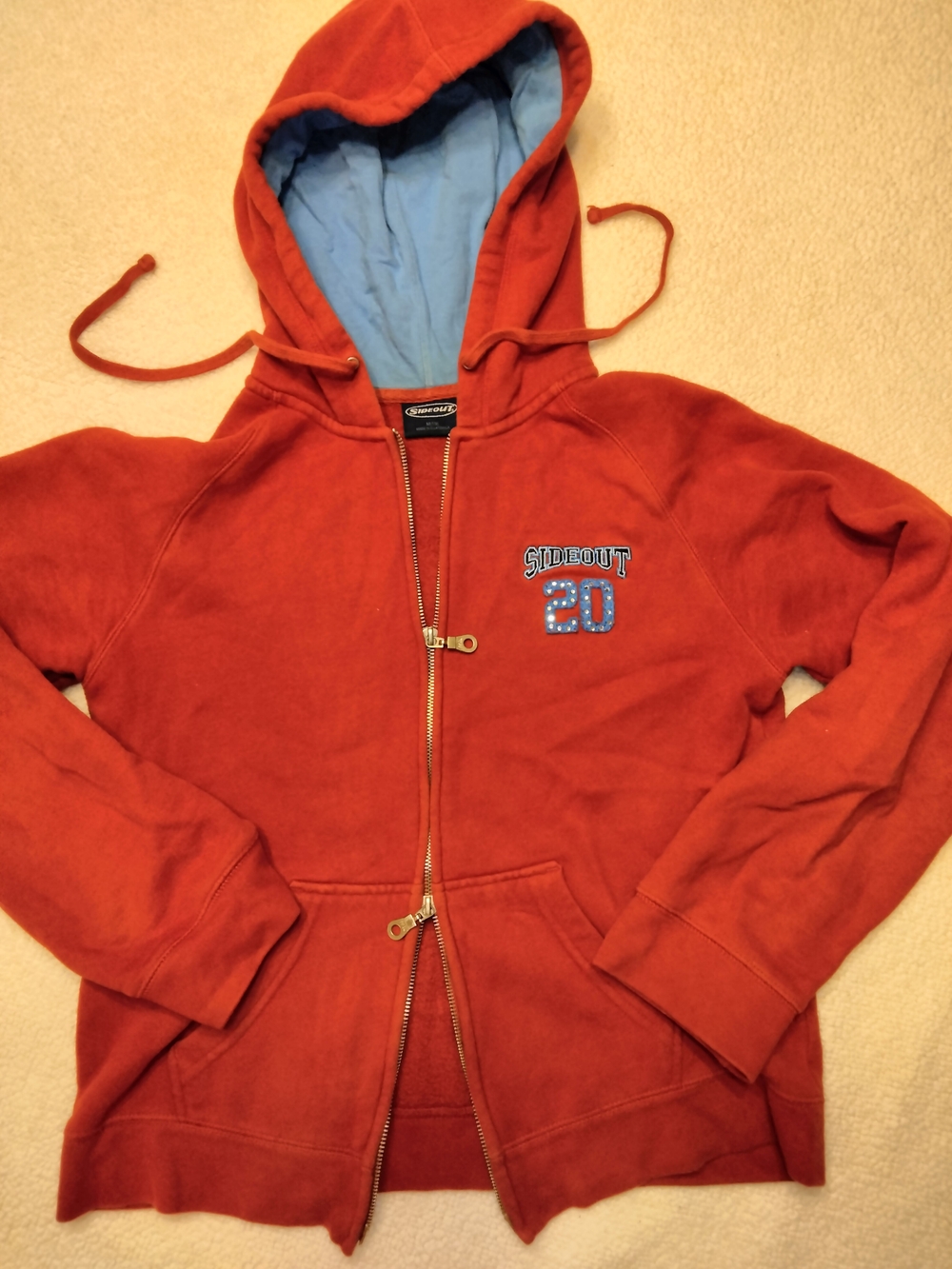 Sideout | Women's Red Hooded Zip Sweatshirt with Light Blue Lining